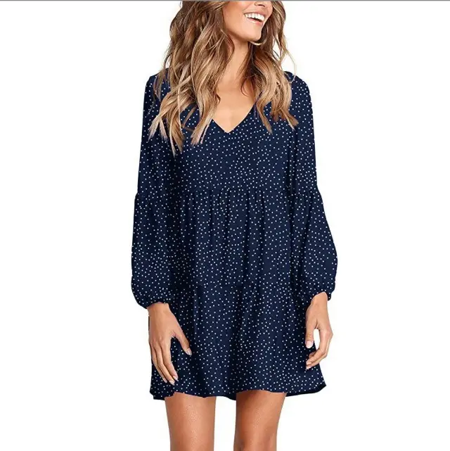 Women's V-Neck Ruffled Wave Point Dress Navy Blue - Image 12