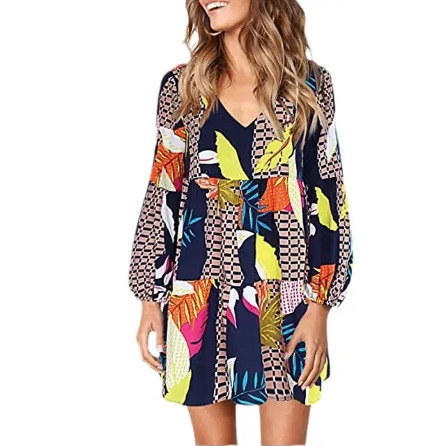 Women's V-Neck Ruffled Wave Point Dress Navy Blue - Image 15