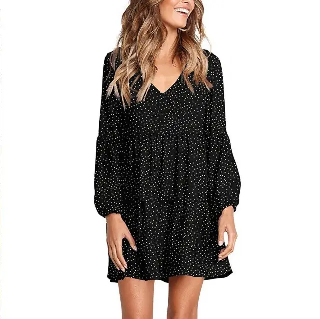 Women's V-Neck Ruffled Wave Point Dress Navy Blue - Image 10