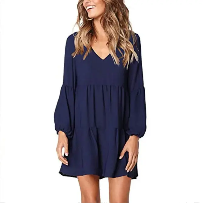 Women's V-Neck Ruffled Wave Point Dress Navy Blue - Image 8