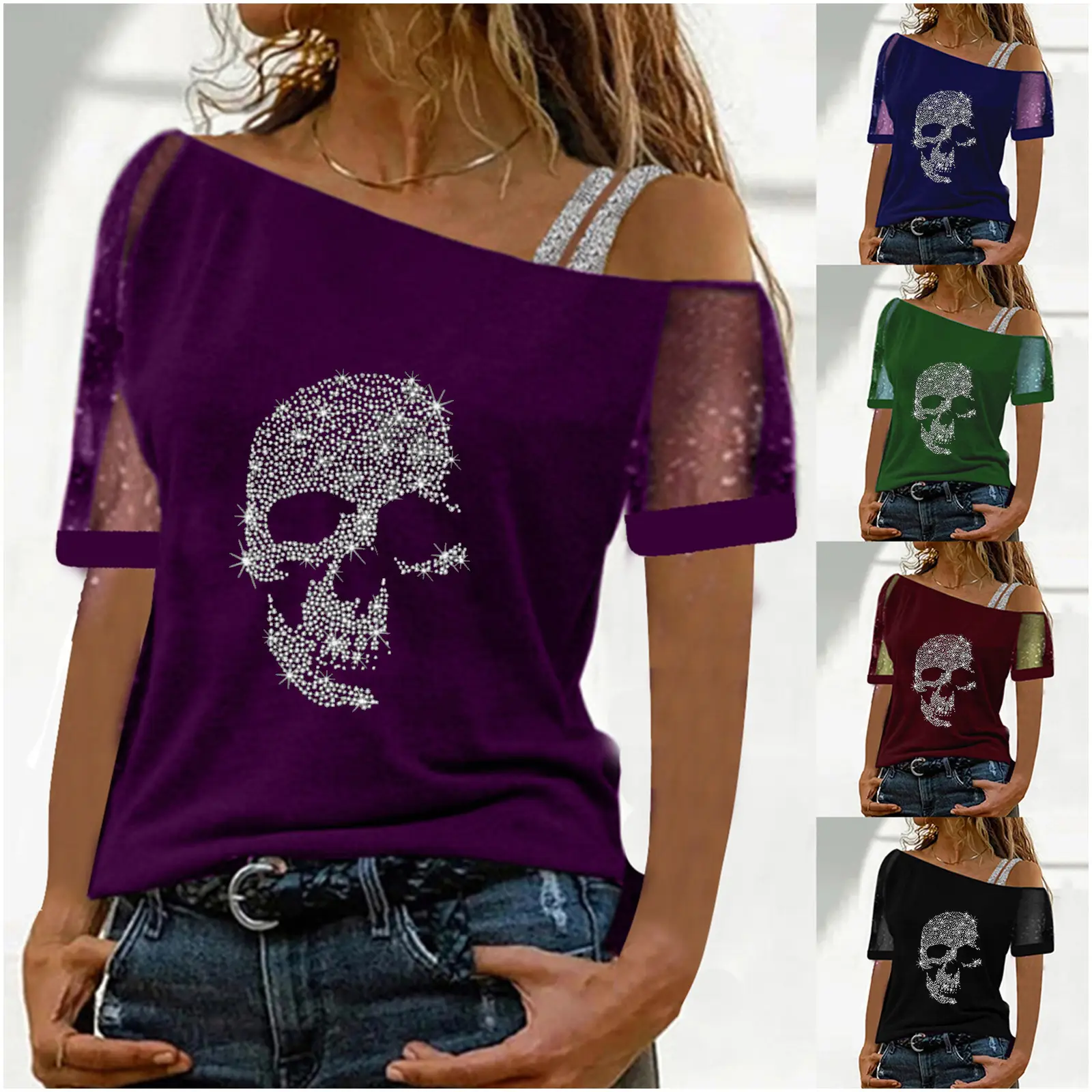 Purple Skull Mesh Shoulder T-Shirt with Oblique Design