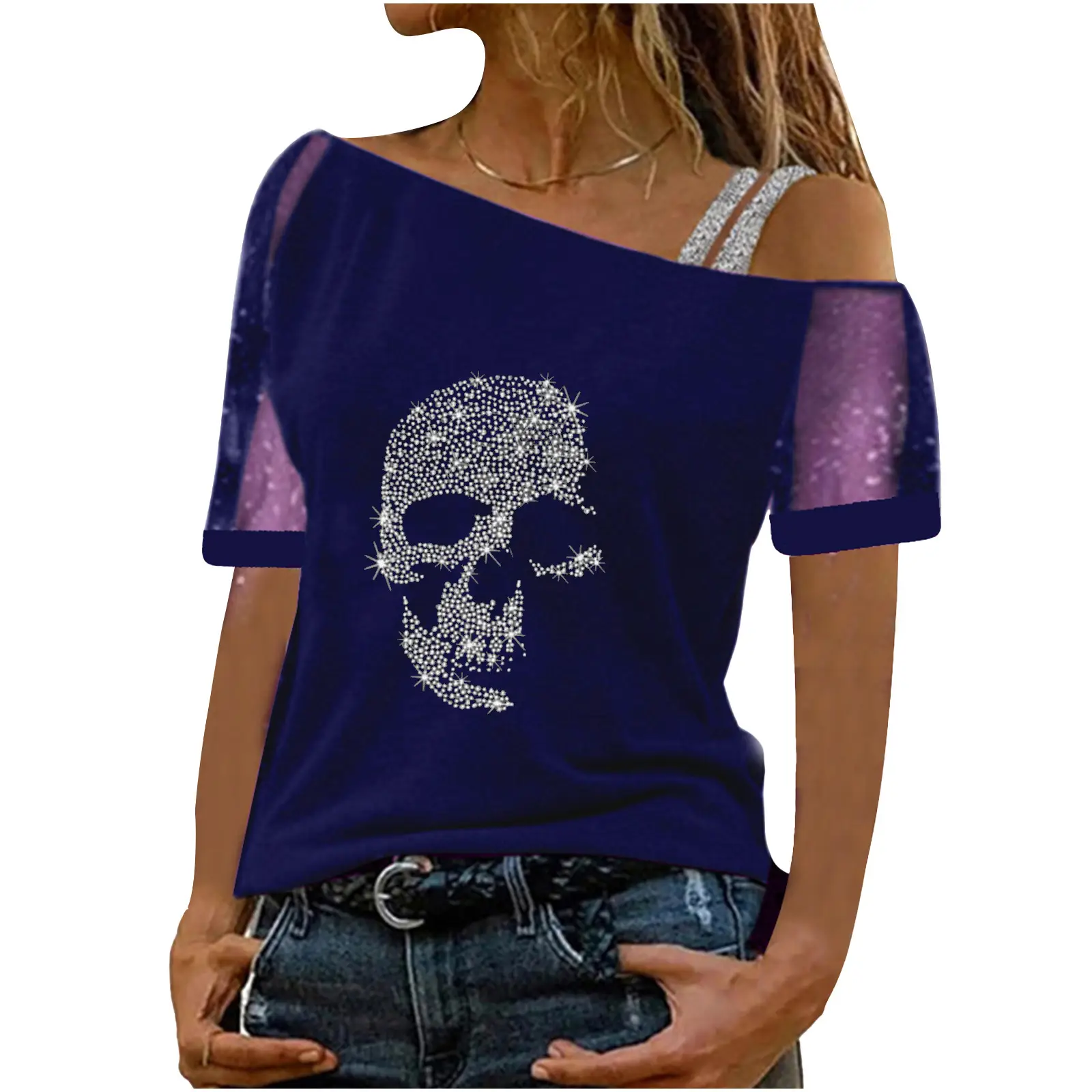 Purple Skull Mesh Shoulder T-Shirt with Oblique Design