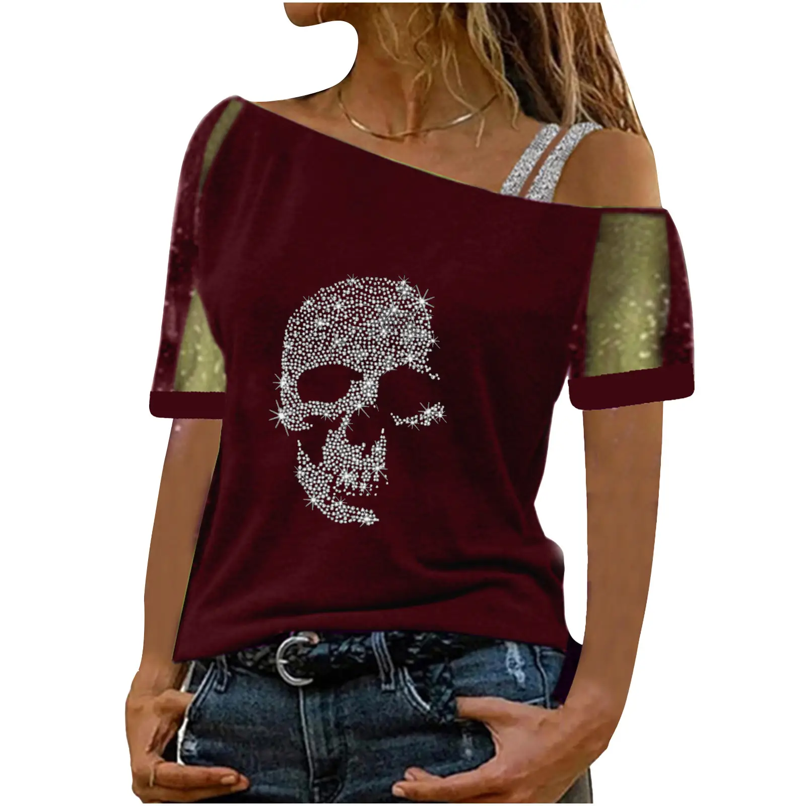 Purple Skull Mesh Shoulder T-Shirt with Oblique Design