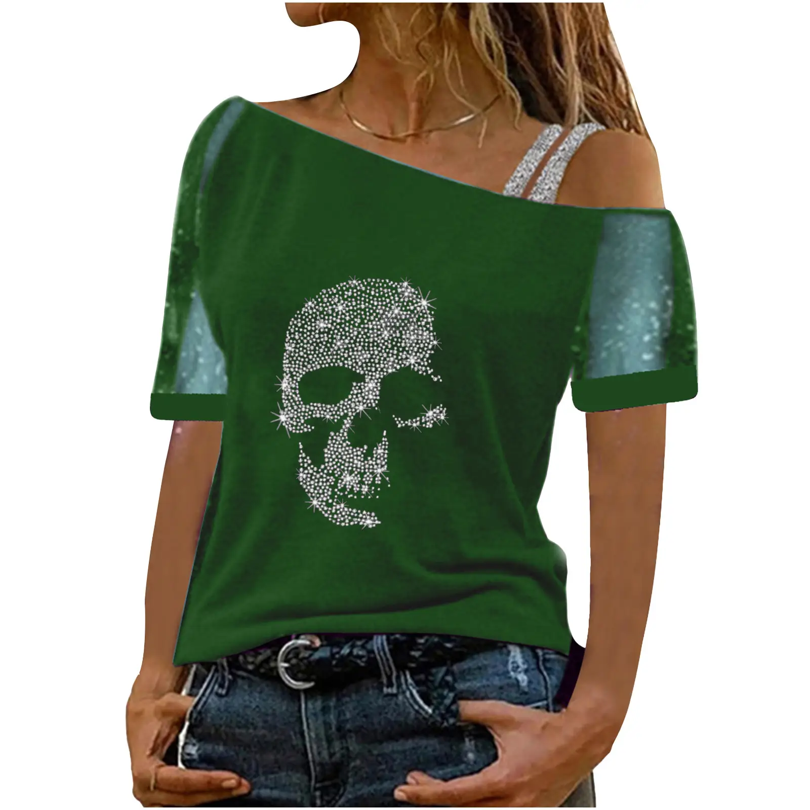 Purple Skull Mesh Shoulder T-Shirt with Oblique Design