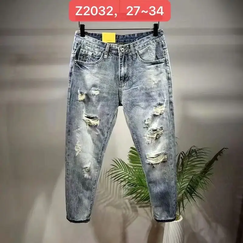 Men Ripped Cropped Slim Fit Jeans Winter - Image 3