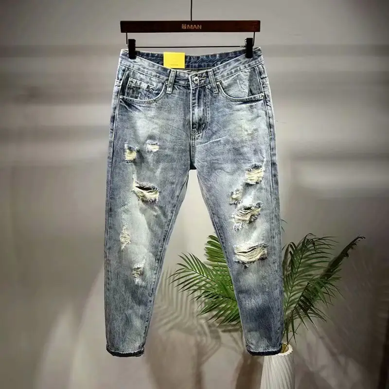 Men Ripped Cropped Slim Fit Jeans Winter - Image 4