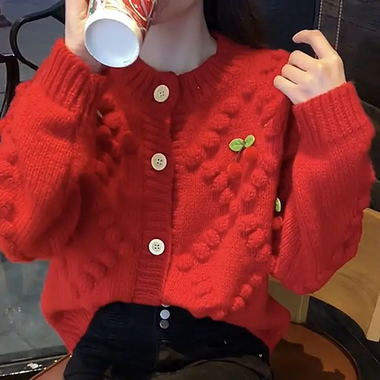 Women's Knitted Cardigan Sweater Top with Red Cherry Embellishments - Image 6