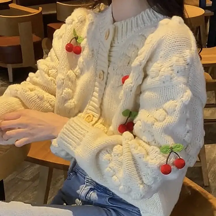 Women's Knitted Cardigan Sweater Top with Red Cherry Embellishments - Image 7