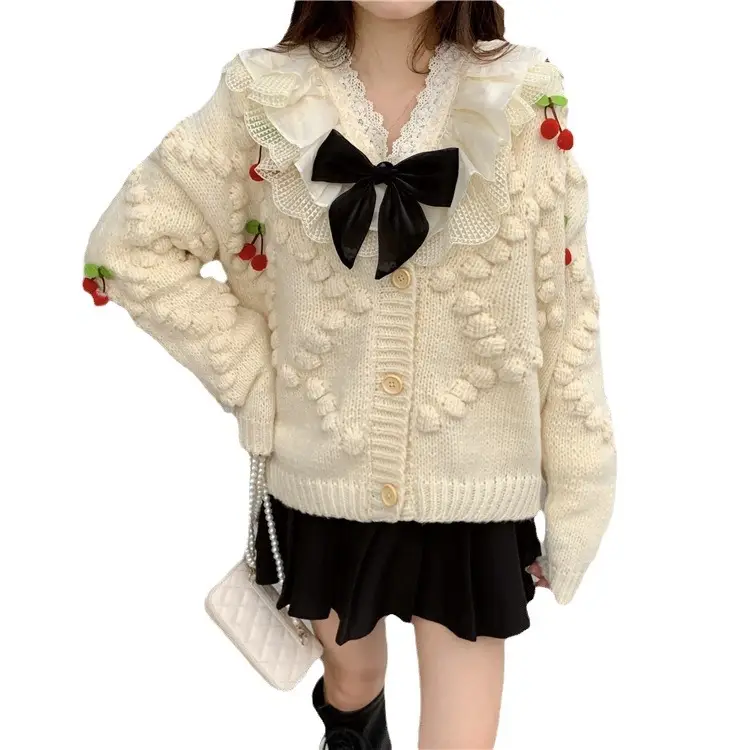 Women's Knitted Cardigan Sweater Top with Red Cherry Embellishments - Image 8