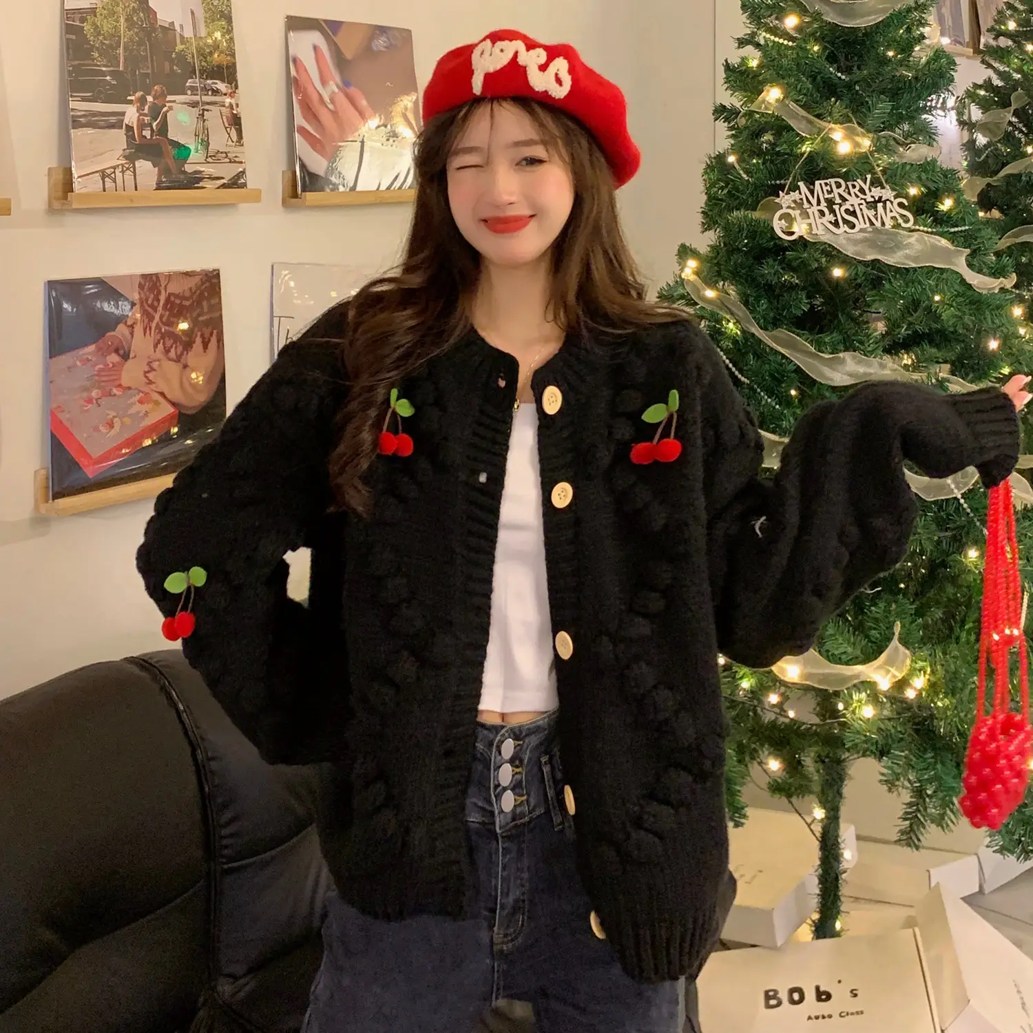 Women's Knitted Cardigan Sweater Top with Red Cherry Embellishments - Image 2