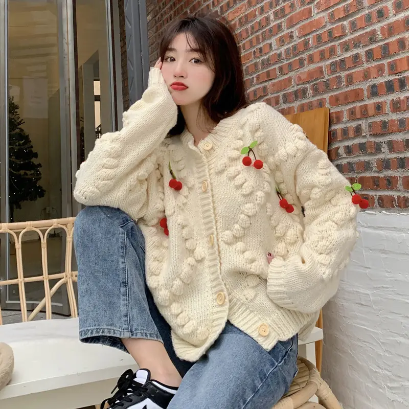 Women's Knitted Cardigan Sweater Top with Red Cherry Embellishments - Image 3