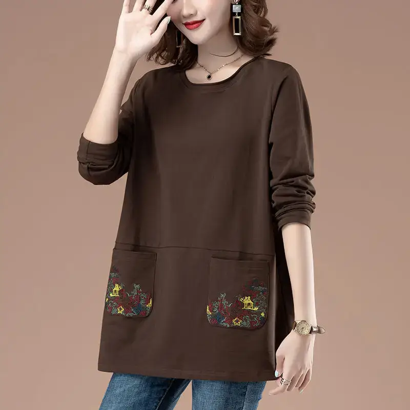 Women Cotton Long Sleeve T-Shirt Teal Embroidered 2022 - Image 4