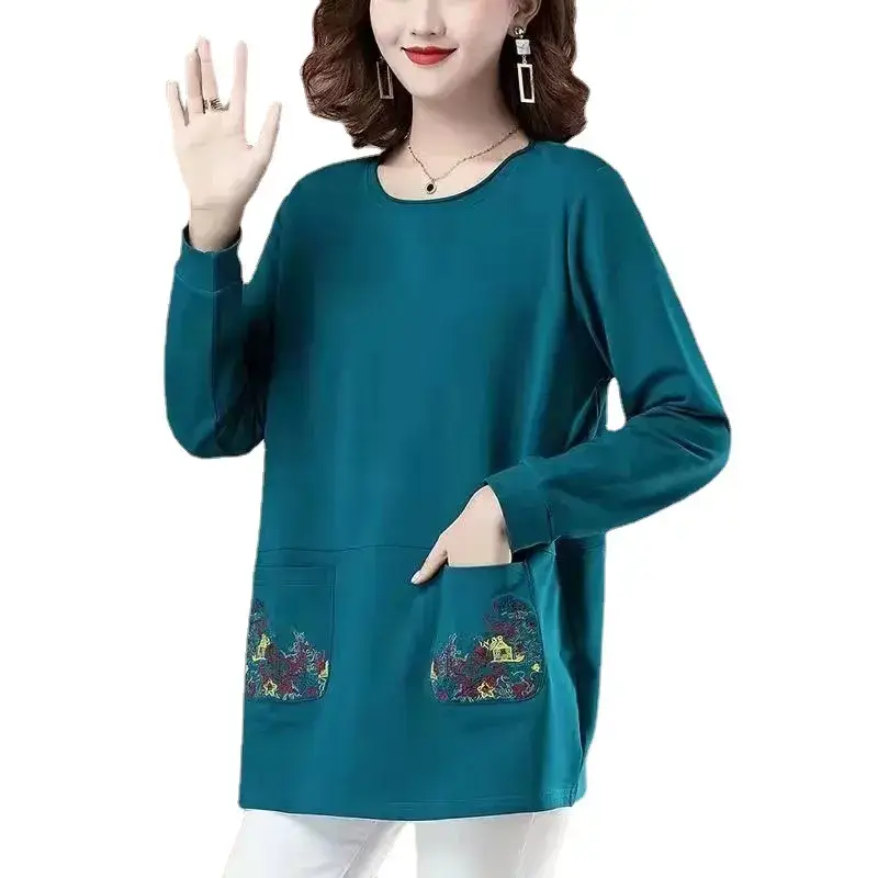 Women Cotton Long Sleeve T-Shirt Teal Embroidered 2022 - Image 5
