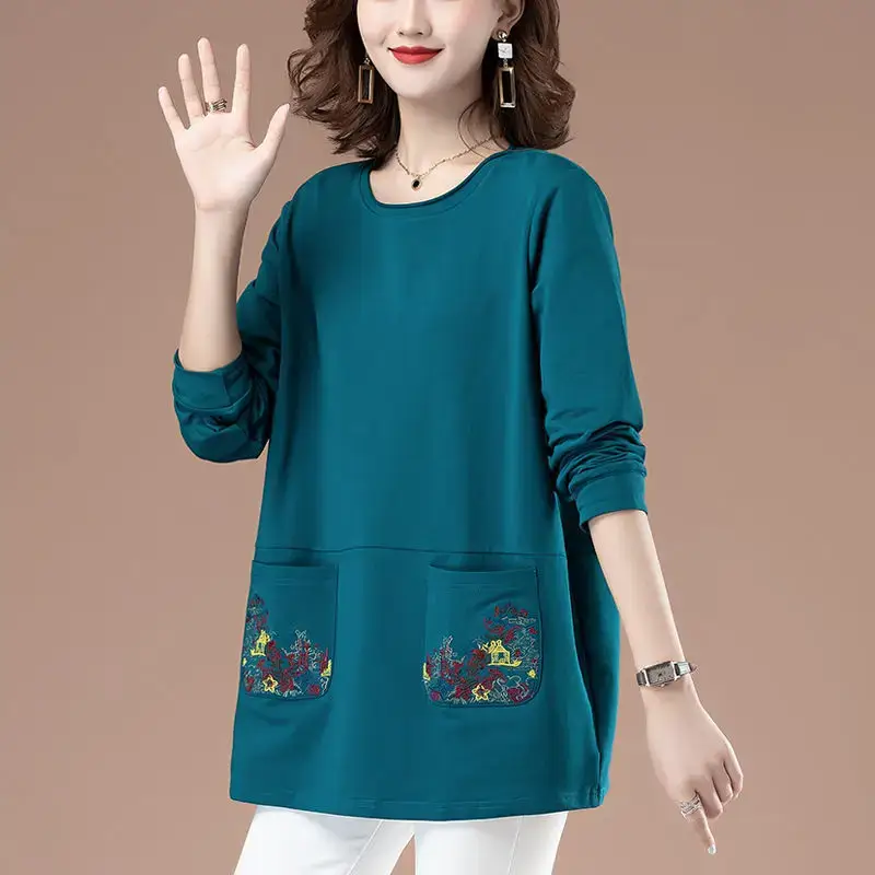Women Cotton Long Sleeve T-Shirt Teal Embroidered 2022 — feature 2