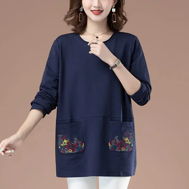 Women Cotton Long Sleeve T-Shirt Teal Embroidered 2022 — feature 3