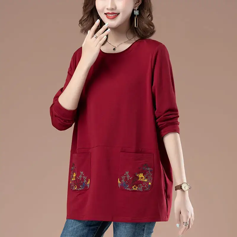 Women Cotton Long Sleeve T-Shirt Teal Embroidered 2022 — feature 4