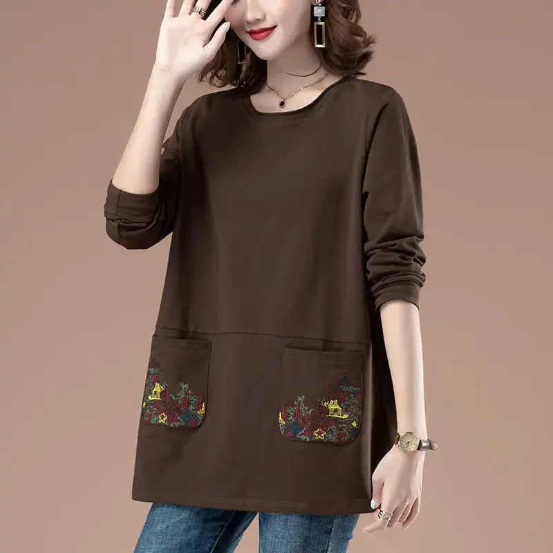 Women Cotton Long Sleeve T-Shirt Teal Embroidered 2022 — feature 5
