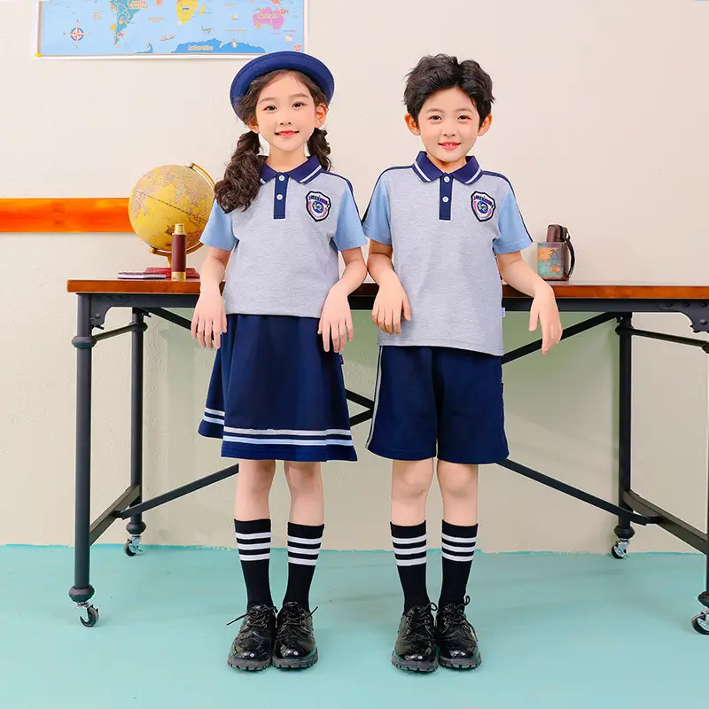 Children's School Uniform Blue Gray Polo Shorts Set - Image 4