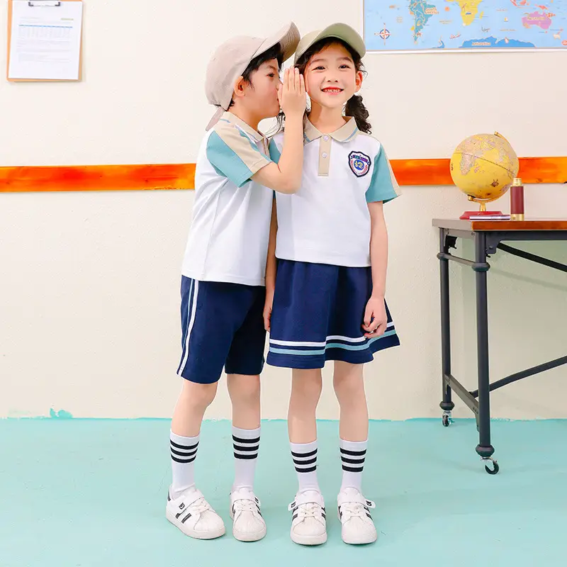 Children's School Uniform Blue Gray Polo Shorts Set - Image 5