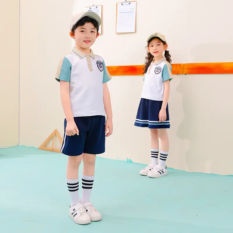 Children's School Uniform Blue Gray Polo Shorts Set - Image 6