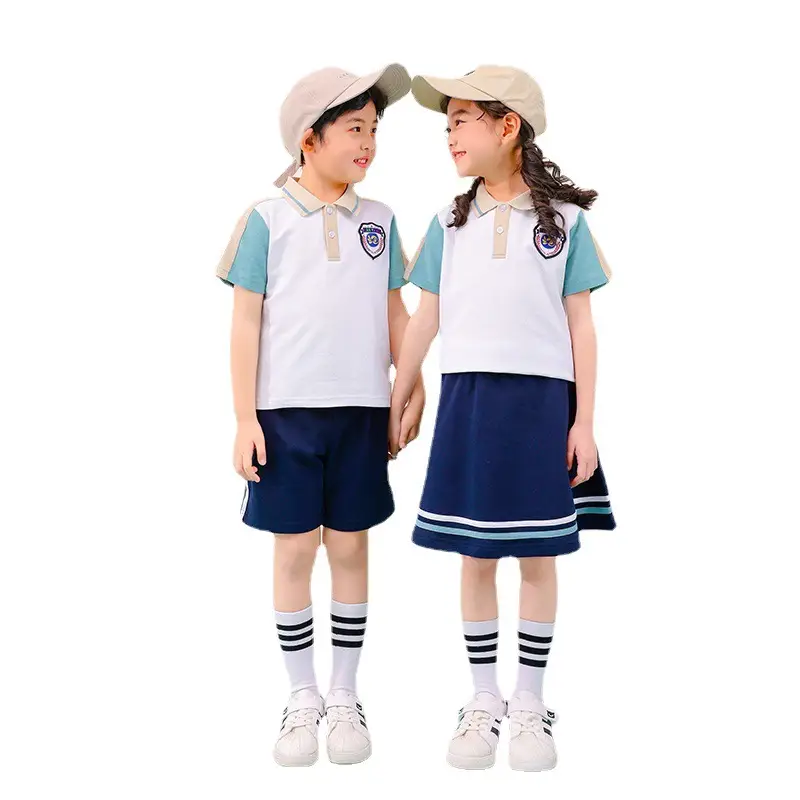 Children's School Uniform Blue Gray Polo Shorts Set - Image 7