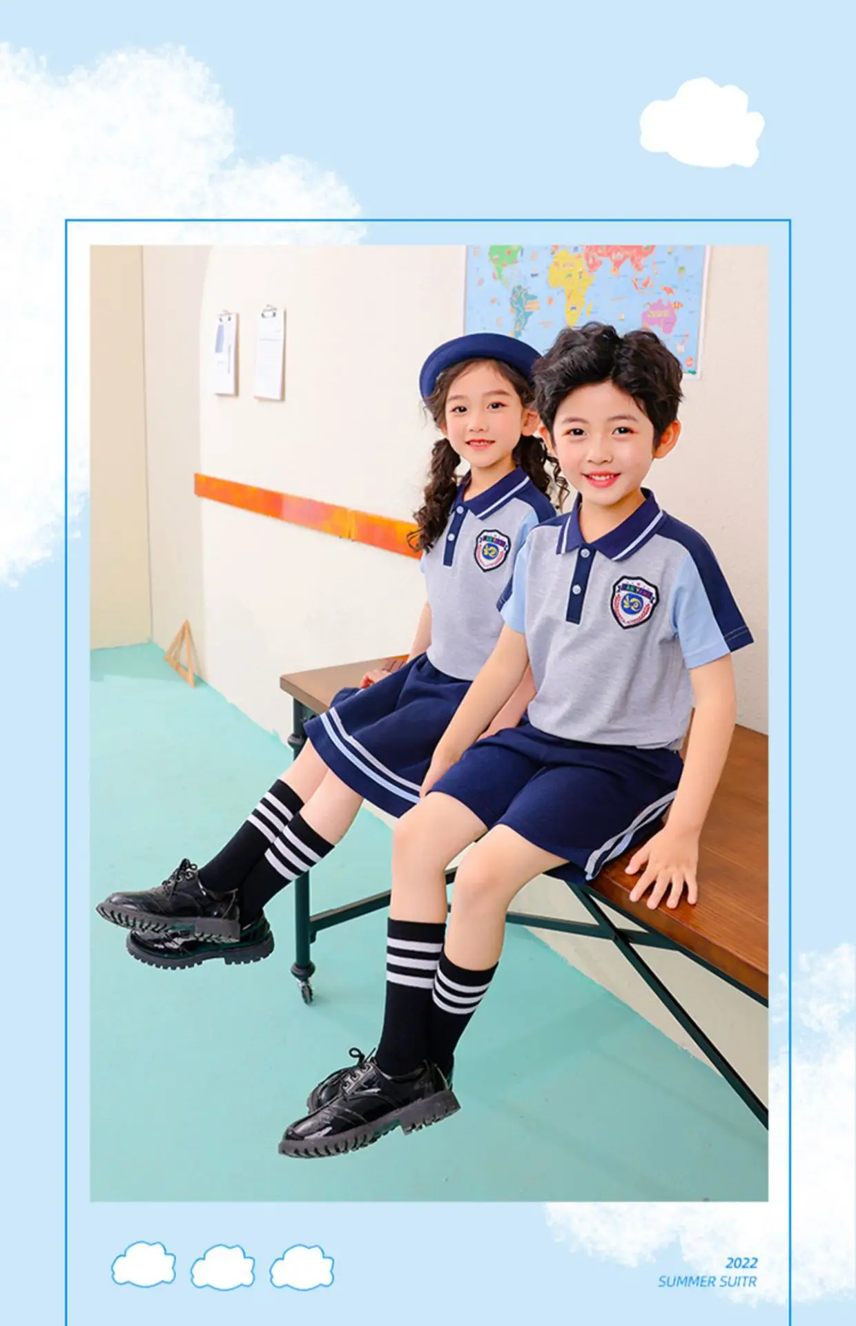 Children's School Uniform Blue Gray Polo Shorts Set — feature 13