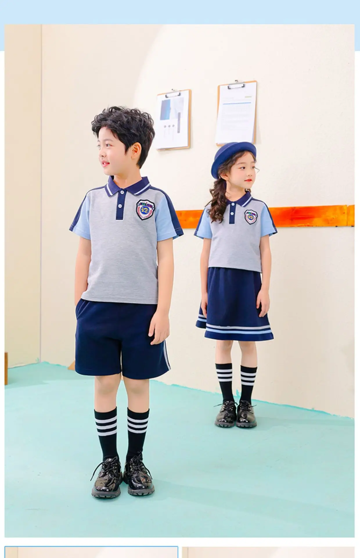 Children's School Uniform Blue Gray Polo Shorts Set — feature 15