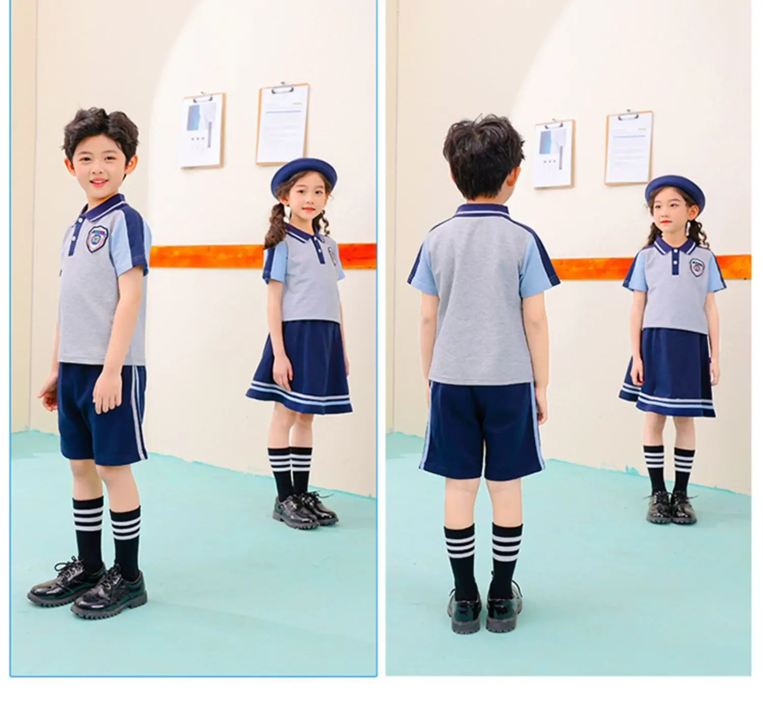 Children's School Uniform Blue Gray Polo Shorts Set — feature 16