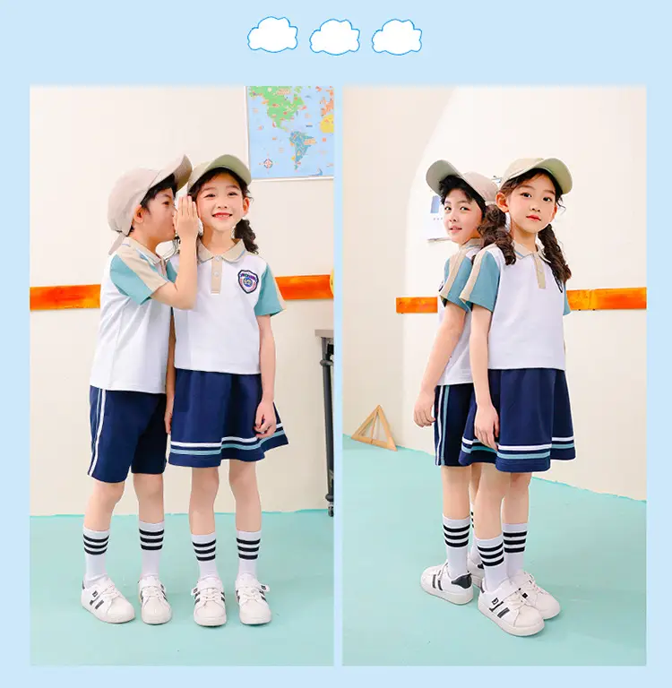 Children's School Uniform Blue Gray Polo Shorts Set — feature 19