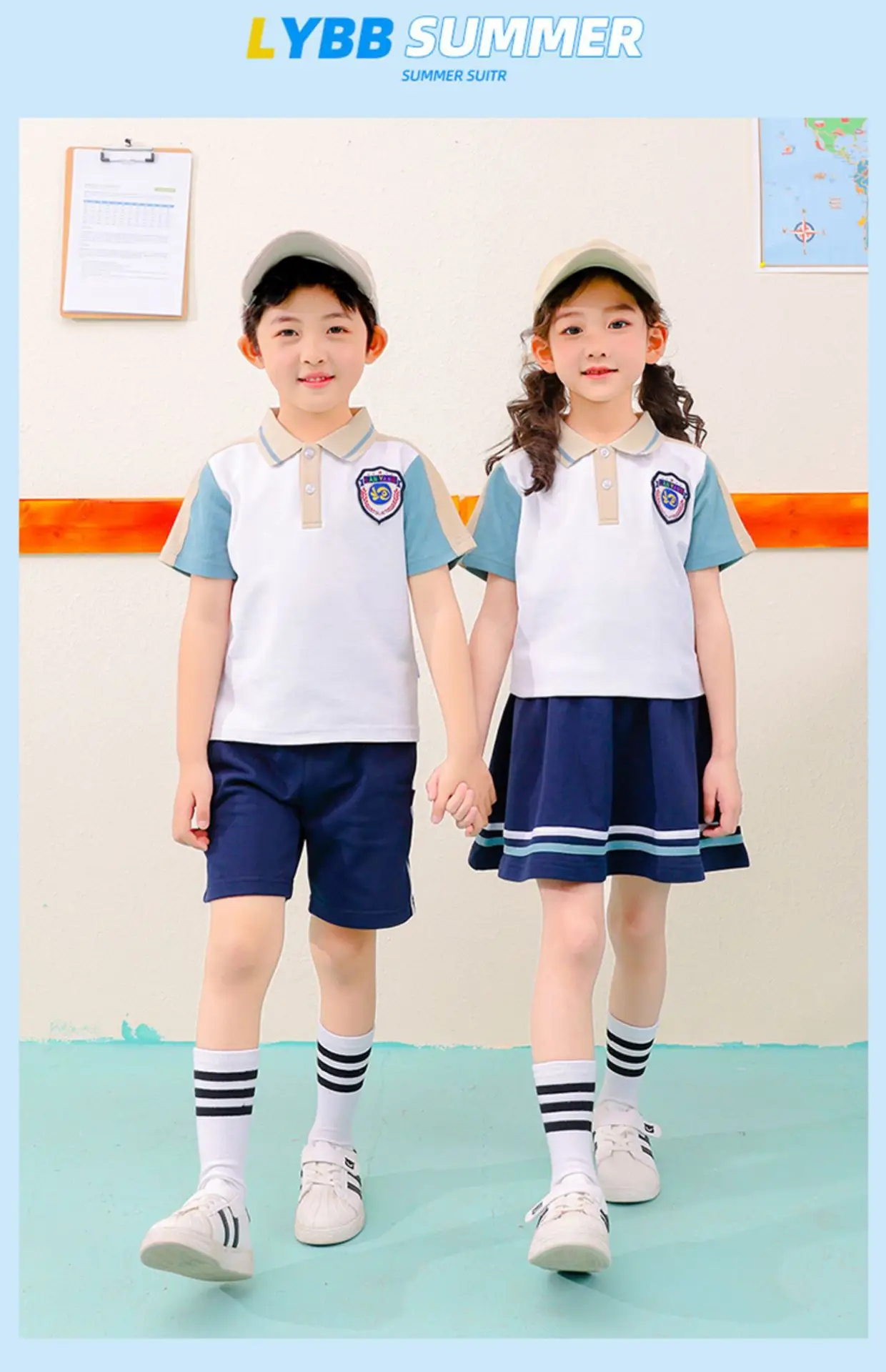 Children's School Uniform Blue Gray Polo Shorts Set — feature 20