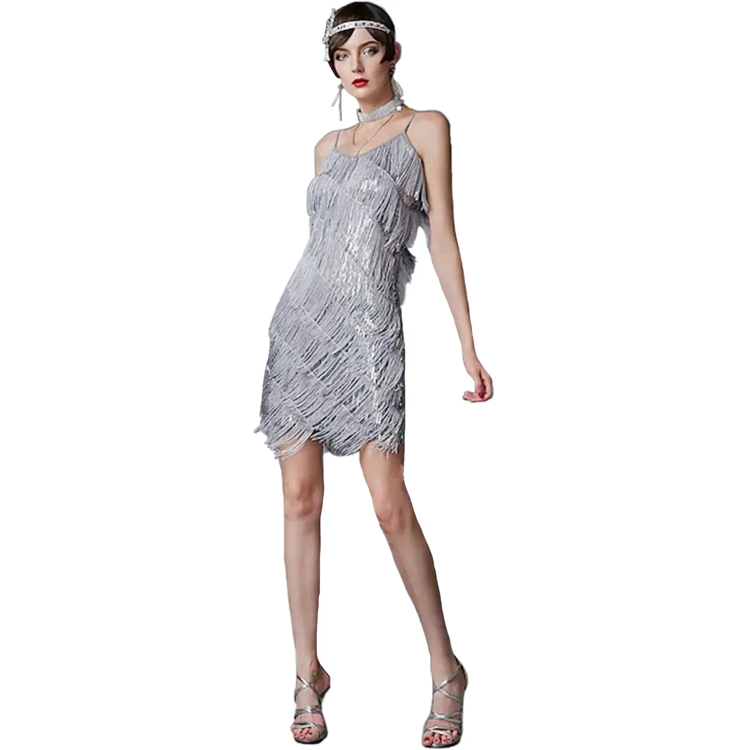 1920s Gatsby Dress Beaded Tassel V-Neck Evening Dress - Image 5