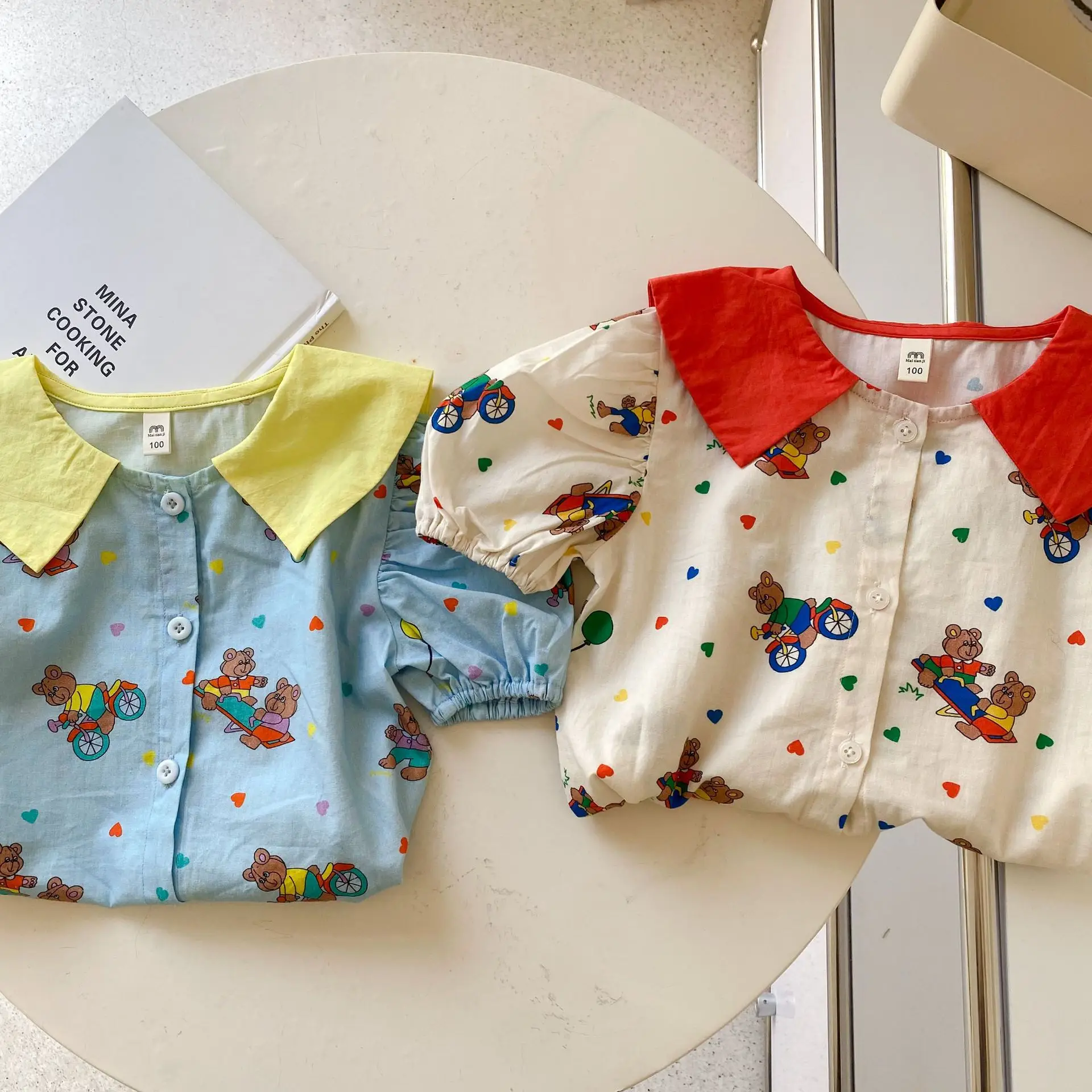 Girls Cartoon Bear Shirt Light Blue Short Sleeve