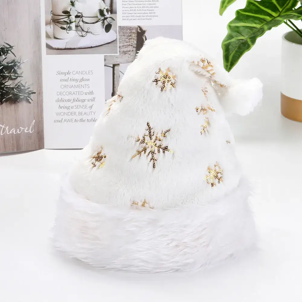 White Plush Christmas Hat with Gold Silver Beads and Snowflake Embroidery - Image 4