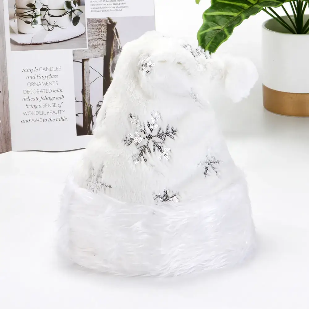 White Plush Christmas Hat with Gold Silver Beads and Snowflake Embroidery - Image 2