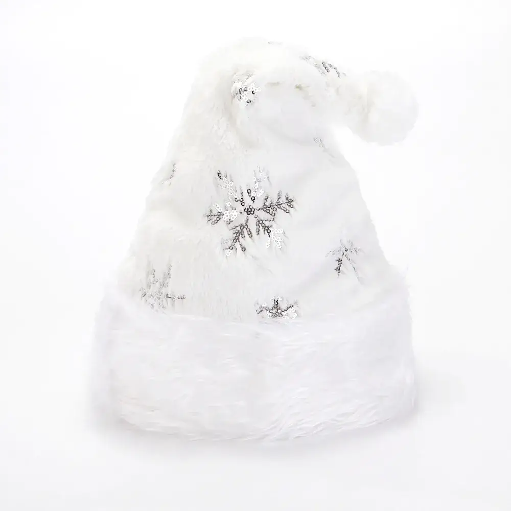 White Plush Christmas Hat with Gold Silver Beads and Snowflake Embroidery - Image 5