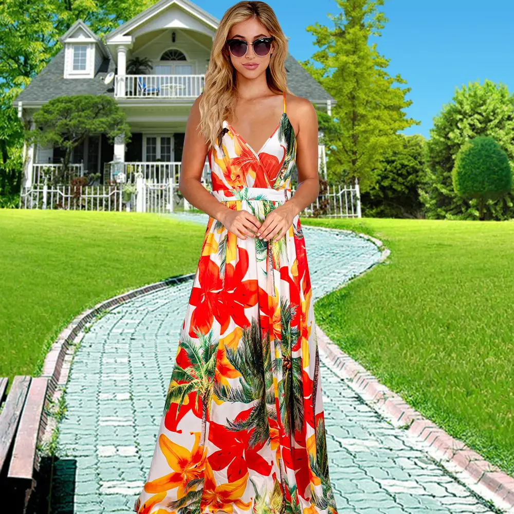 Green Floral Chiffon Long Dress for Women - Image 11