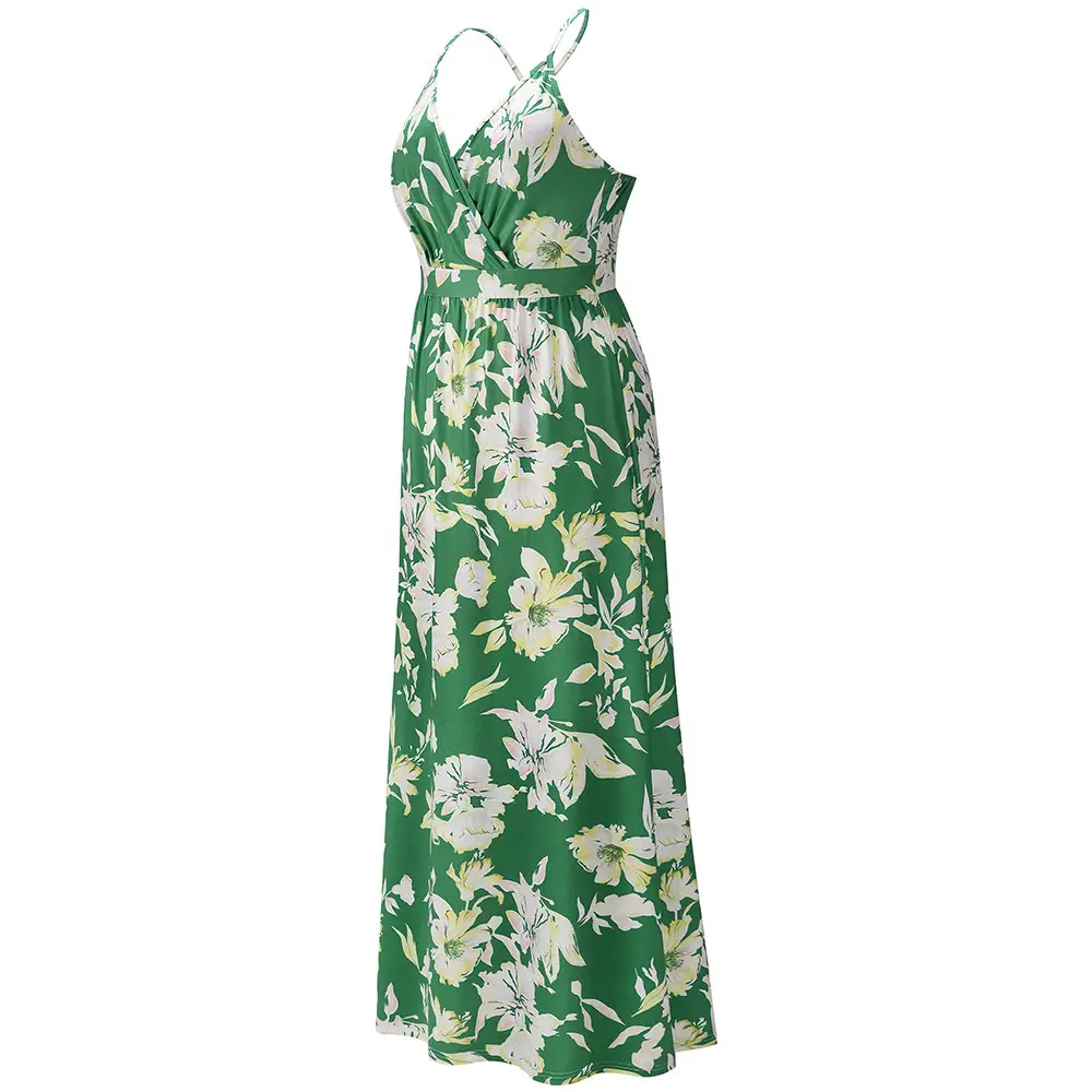 Green Floral Chiffon Long Dress for Women - Image 3