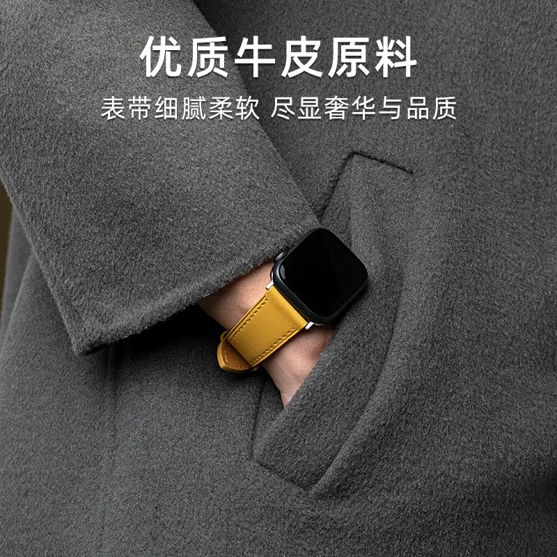 Suitable for Apple Watch Applewatch S10 Strap Iwatch56789 Genuine Leather Waterproof Cowhide Ultra2