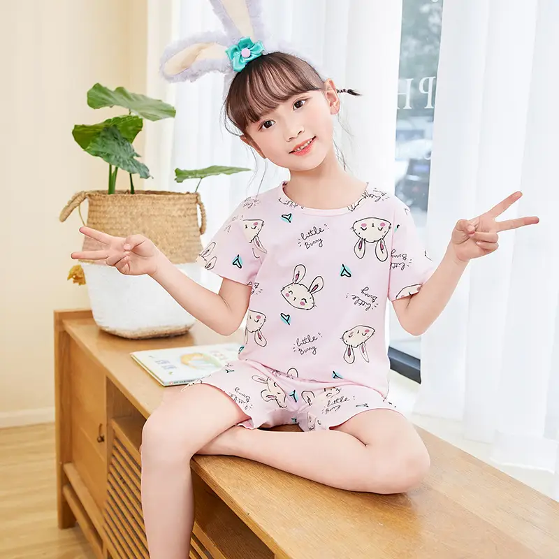 Girls Cotton Pajamas Two Piece Set Cartoon Pink - Image 4