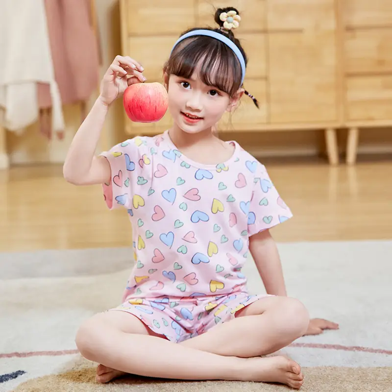 Girls Cotton Pajamas Two Piece Set Cartoon Pink - Image 5