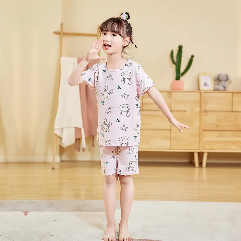 Girls Cotton Pajamas Two Piece Set Cartoon Pink - Image 2
