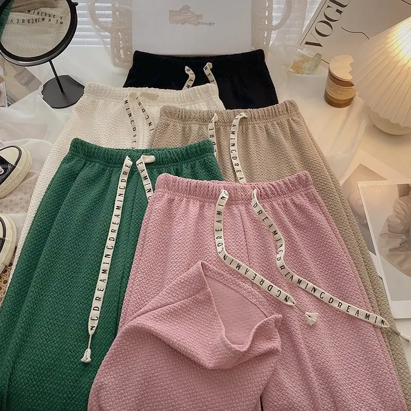 Women's Pink Waffle Pants with Drawstring Waist