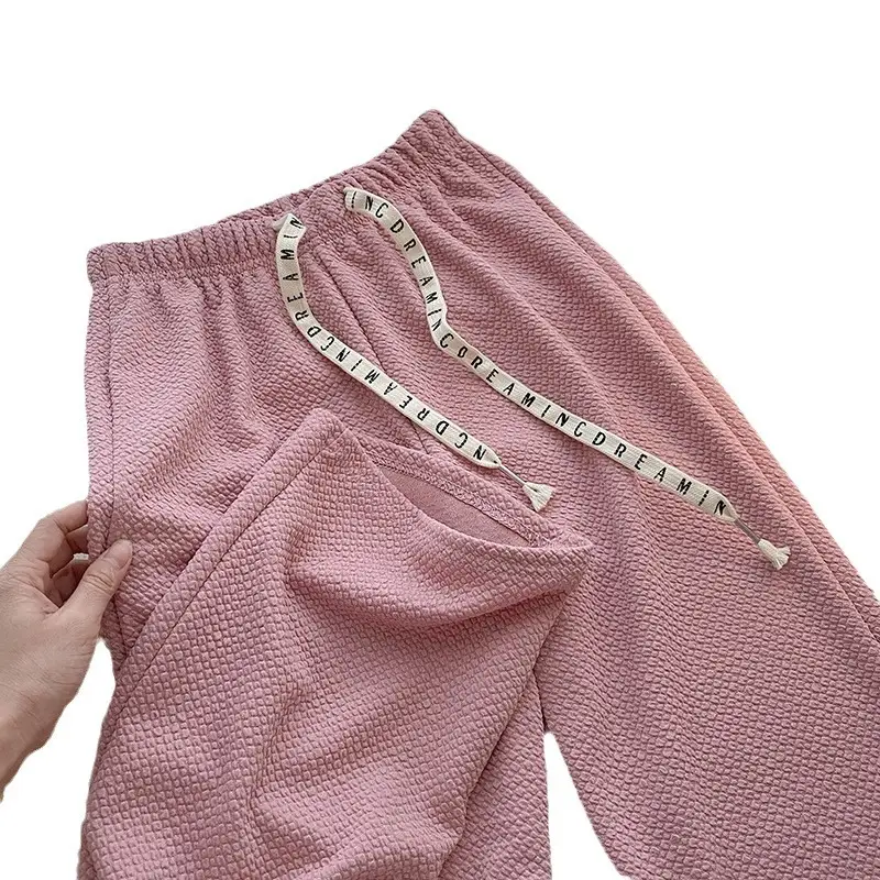 Women's Pink Waffle Pants with Drawstring Waist