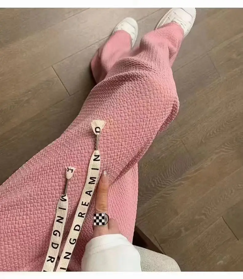 Women's Pink Waffle Pants with Drawstring Waist