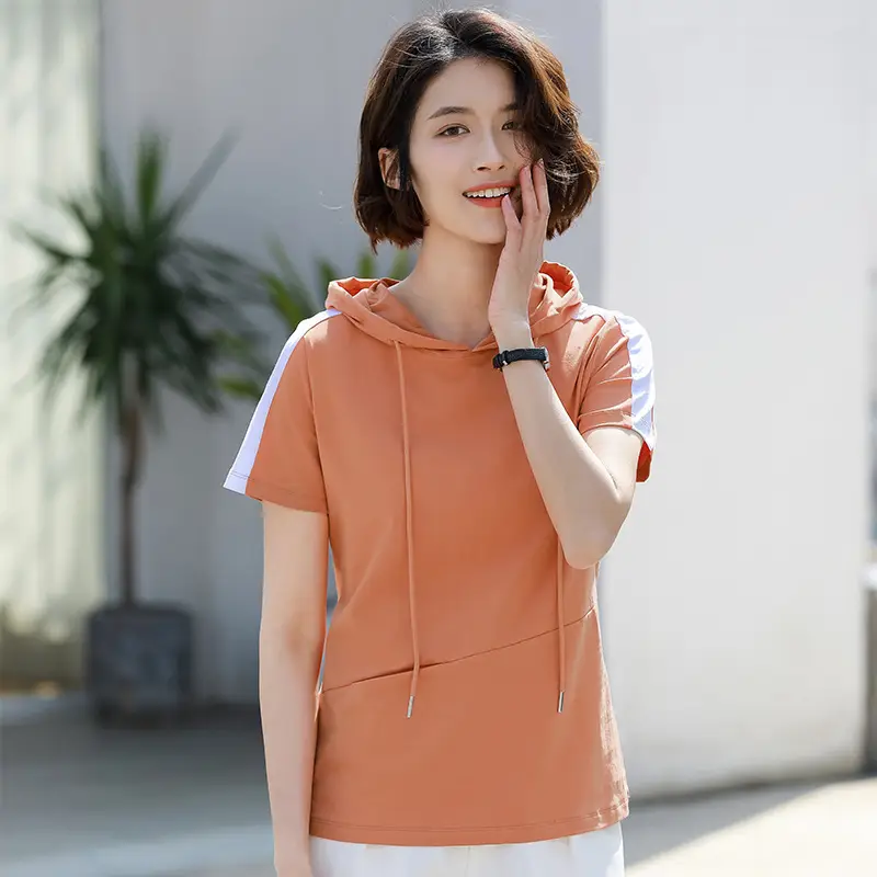 Women Hooded T-Shirt Light Blue Cotton Sports Pocket