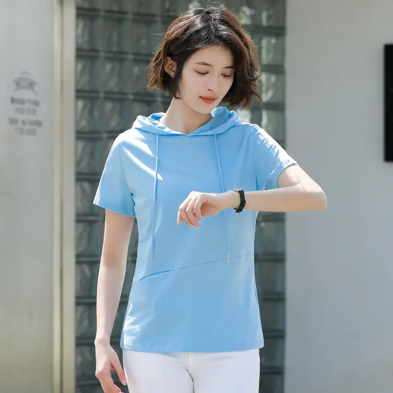 Women Hooded T-Shirt Light Blue Cotton Sports Pocket