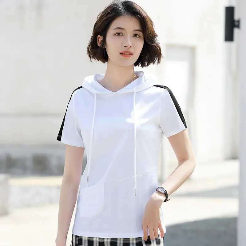 Women Hooded T-Shirt Light Blue Cotton Sports Pocket
