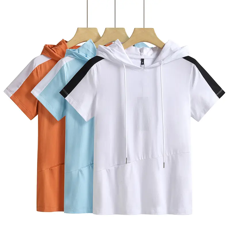 Women Hooded T-Shirt Light Blue Cotton Sports Pocket
