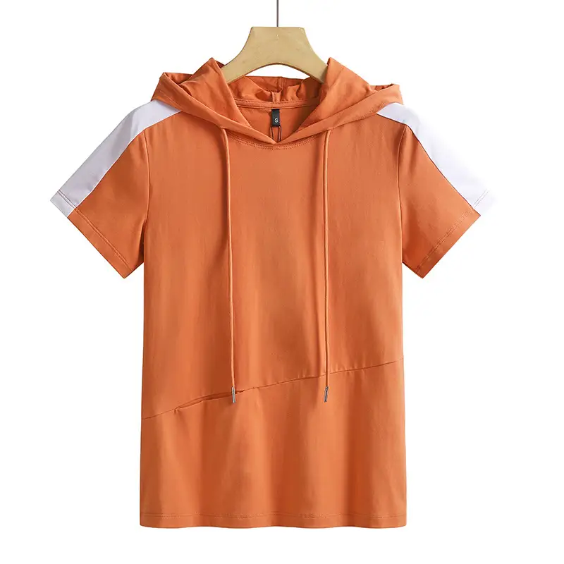 Women Hooded T-Shirt Light Blue Cotton Sports Pocket