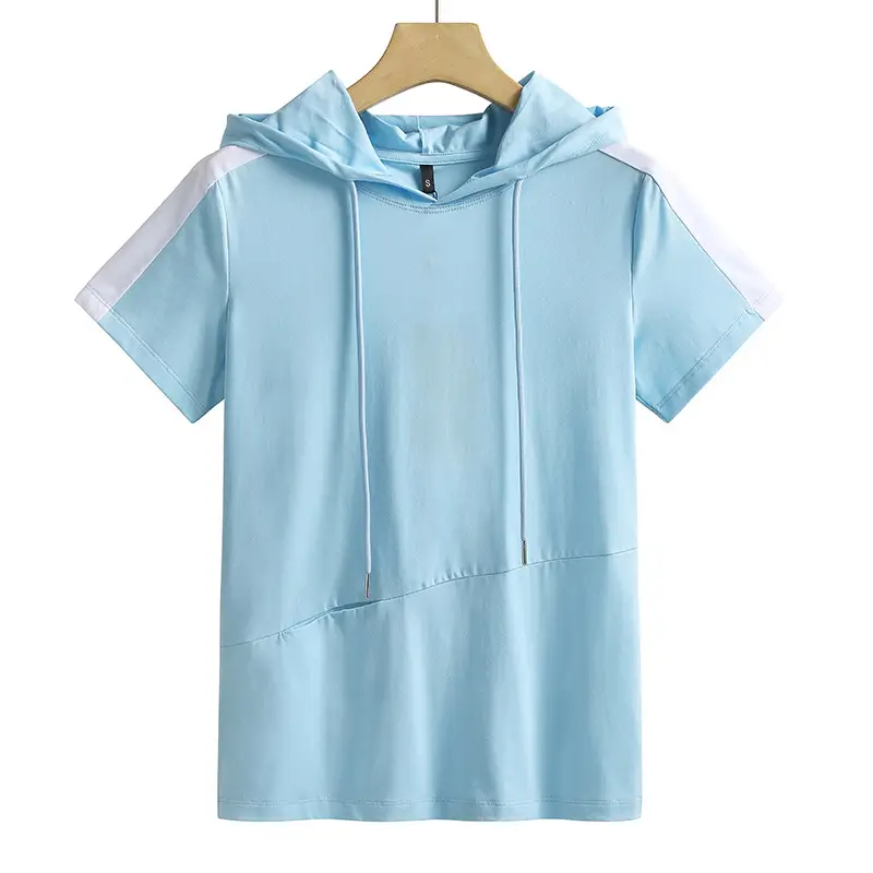Women Hooded T-Shirt Light Blue Cotton Sports Pocket
